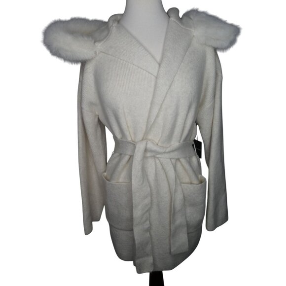 Saks Fifth Avenue Jackets & Blazers - Saks Fifth Avenue Sweater Ribbed Belet Cream Faux Fur Size M